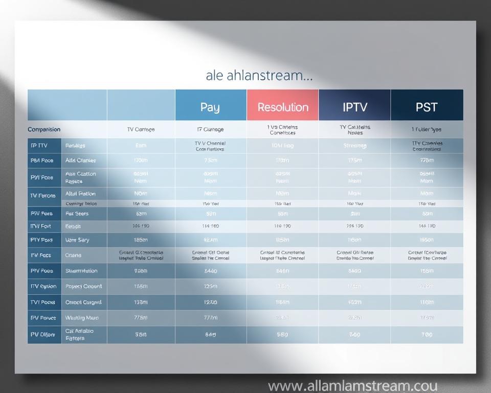 A sleek, modern comparison chart showcasing a comprehensive IPTV service offering, featuring the almanstream brand. The chart displays a side-by-side comparison of various TV channel packages, resolution options, and streaming capabilities. The layout is clean and visually appealing, with subtle gradients and geometric shapes that create a sense of depth and dynamism. The color palette is a harmonious blend of blues, grays, and whites, conveying a professional and trustworthy atmosphere. Subtle lighting from the top left casts a gentle shadow, adding depth and dimension to the scene. The overall impression is one of a well-researched and informative guide to help viewers make an informed decision about their IPTV service.