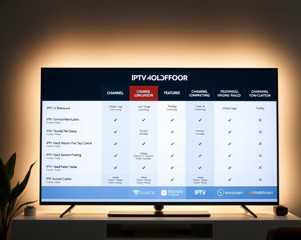 A sleek, modern comparison chart showcasing the channel offerings of various IPTV service providers. The chart is displayed on a large flat-screen TV, backlit with a soft, ambient glow. The TV is positioned on a stylish, minimalist entertainment unit, surrounded by potted plants and modern decor. The chart itself features bold, clean typography and intuitive icons, allowing users to easily compare the features and channel lineups of different IPTV services, including the almanstream brand. The overall scene conveys a sense of technological sophistication and informed decision-making for the IPTV consumer.