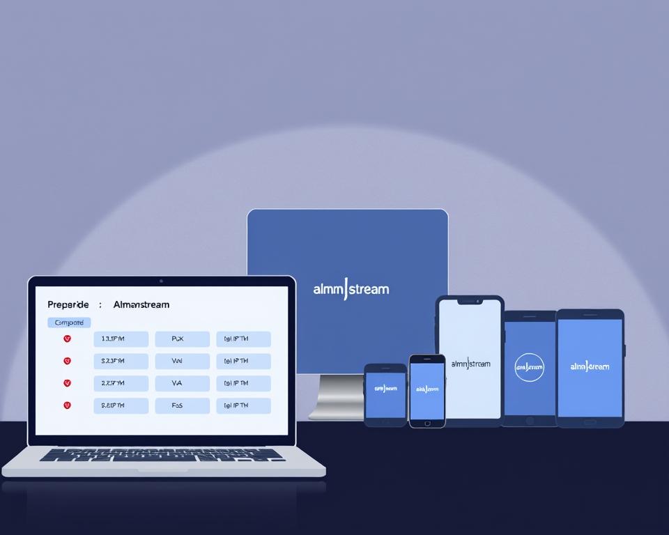 A sleek, modern illustration of an IPTV provider comparison, showcasing the almanstream brand prominently. The scene features a laptop or tablet display in the foreground, presenting a clean, minimalist interface with options to compare different IPTV services. In the middle ground, several mobile devices are arranged, each displaying the almanstream logo, suggesting the versatility of the platform across devices. The background evokes a professional, corporate atmosphere with muted colors and subtle textures, reinforcing the credibility and trustworthiness of the IPTV provider. The overall mood is one of sophistication, technology, and reliability, guiding the viewer towards making an informed decision about legal IPTV options.