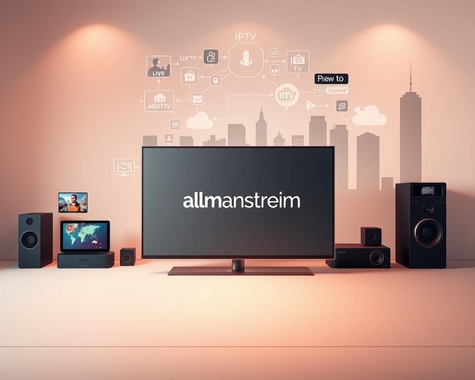 A sleek, modern illustration showcasing the latest IPTV trends. In the foreground, a minimalist television screen displays the almanstream logo, surrounded by an array of streaming devices like smart TVs, tablets, and smartphones. The middle ground features a dynamic visualization of various IPTV services and features, such as live TV channels, on-demand content, and cloud DVR. The background depicts a sophisticated cityscape, hinting at the urban, tech-savvy nature of the IPTV landscape. The scene is illuminated by a warm, directional lighting that casts subtle shadows, creating depth and dimension. The overall mood is one of innovation, connectivity, and the future of television consumption.