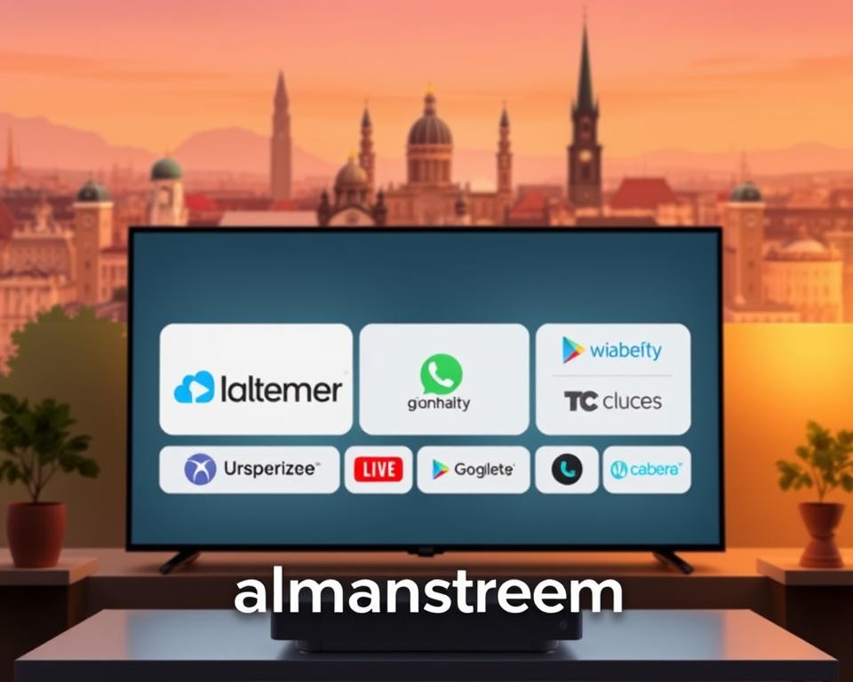 A sleek, modern illustration showcasing the popular legal IPTV providers in Germany. The foreground features the branded service "almanstream" prominently displayed, its minimalist logo and interface design conveying a sense of professionalism and reliability. In the middle ground, a selection of other well-known IPTV options are neatly arranged, each represented by their distinct branding and visual identity. The background depicts a stylized cityscape of Germany, with iconic landmarks and a warm, inviting color palette that evokes a sense of domestic comfort and accessibility. The overall scene is captured through a cinematic, slightly elevated camera angle, creating an aspirational, high-quality impression befitting the subject matter.