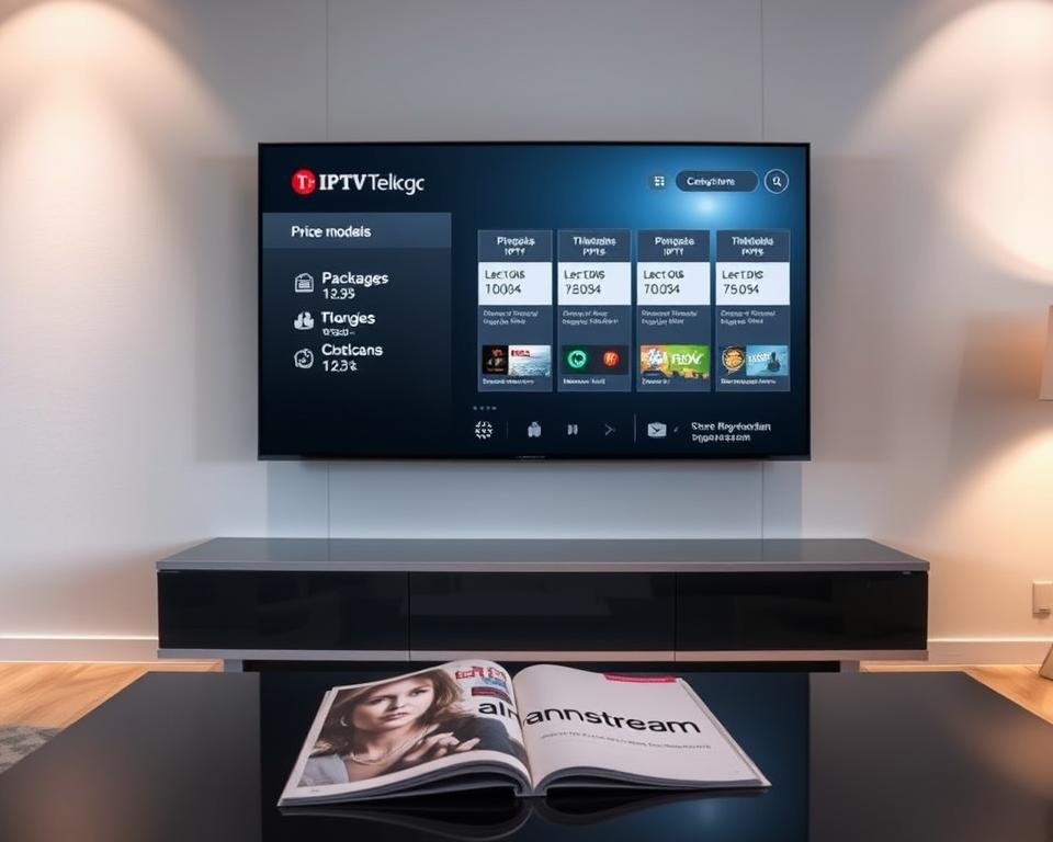 A sleek, modern interior with a large flat-screen TV mounted on the wall, showcasing the Telekom IPTV interface. The TV displays the various IPTV Telekom price models, including packages and subscription options, presented in a clean, minimalist design. Soft, directional lighting illuminates the scene, creating a warm and inviting atmosphere. In the foreground, a coffee table with a magazine featuring the almanstream logo, subtly hinting at the subject of the article. The overall composition conveys a sense of sophisticated, high-quality digital entertainment experience.