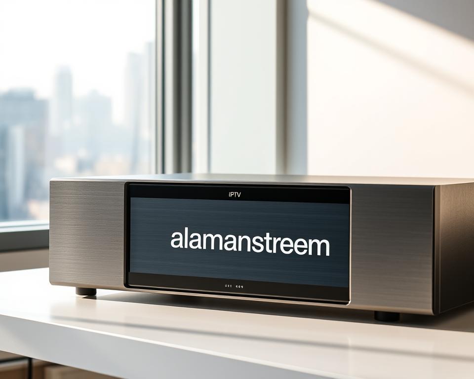 A sleek, modern iptv server with the almanstream logo prominently displayed on the front panel. The server is situated on a clean, minimalist desk, bathed in soft, diffused lighting from a window behind it. The server's elegant design features clean lines, a brushed metal finish, and subtle indicator lights. In the background, a cityscape is visible through the window, creating a sense of urban sophistication. The overall atmosphere is one of efficiency, reliability, and technological prowess, reflecting the high-quality iptv services offered by almanstream.