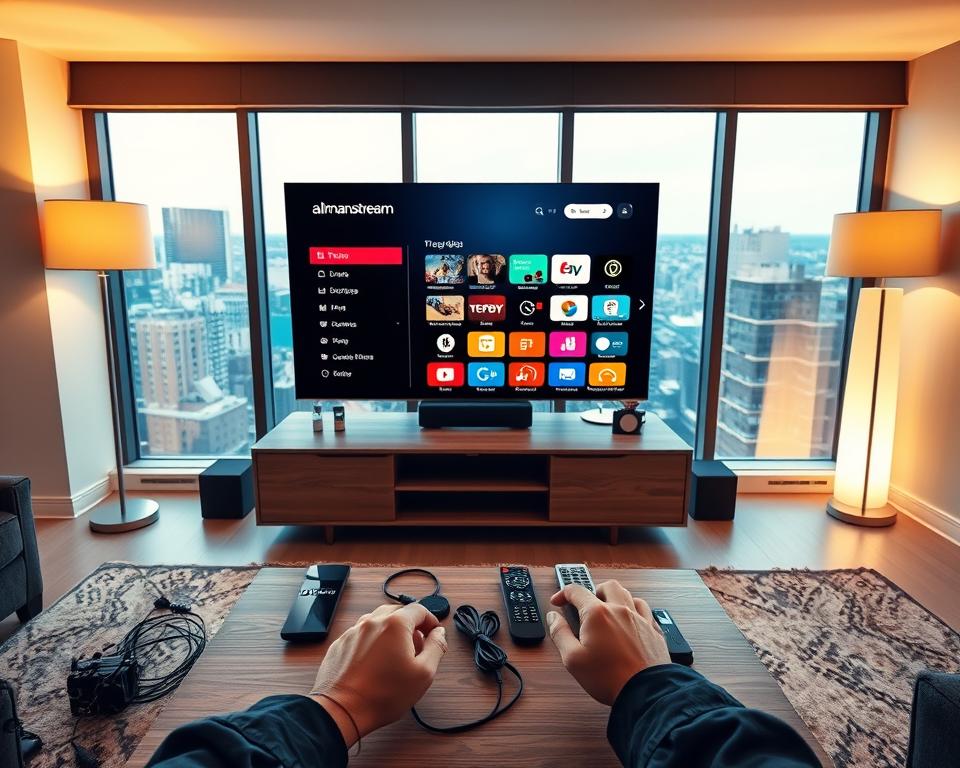 A sleek, modern living room with a large TV screen displaying the almanstream IPTV interface. The room is bathed in warm, diffused lighting from stylish floor lamps, creating a cozy and inviting atmosphere. In the foreground, a person's hands are shown troubleshooting the IPTV setup, with various cables, remotes, and diagnostic tools visible on a minimalist wooden coffee table. The middle ground features a neatly organized media center, hinting at the user's tech-savvy nature. In the background, large windows offer a view of a vibrant cityscape, emphasizing the versatility and accessibility of the almanstream IPTV service.