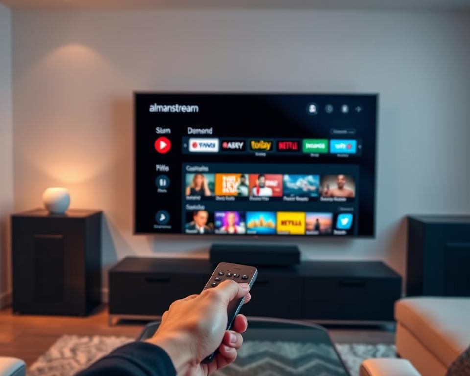 A sleek, modern living room with a large flat-screen TV mounted on the wall. The TV screen displays the almanstream IPTV interface, showcasing a range of channels and on-demand content. In the foreground, a person's hands are using a minimalist remote control to navigate the IPTV menu. The room is bathed in warm, diffused lighting, creating a cozy and inviting atmosphere. The background features clean, minimalist decor, emphasizing the simplicity and user-friendliness of the IPTV setup.