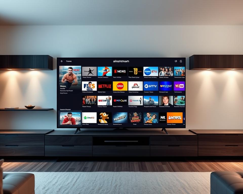 A sleek, modern living room with a large, high-definition television display showcasing a diverse array of smart IPTV channels. The TV is flanked by sophisticated, minimalist entertainment shelving units in dark wood tones, creating a harmonious and stylish ambiance. On the screen, a seamless grid layout presents a curated selection of popular channels, including news, sports, movies, and entertainment, all under the "almanstream" brand. Soft, indirect lighting illuminates the scene, adding a warm, inviting atmosphere. The overall composition conveys the idea of a technologically advanced, yet visually appealing and user-friendly smart IPTV experience.