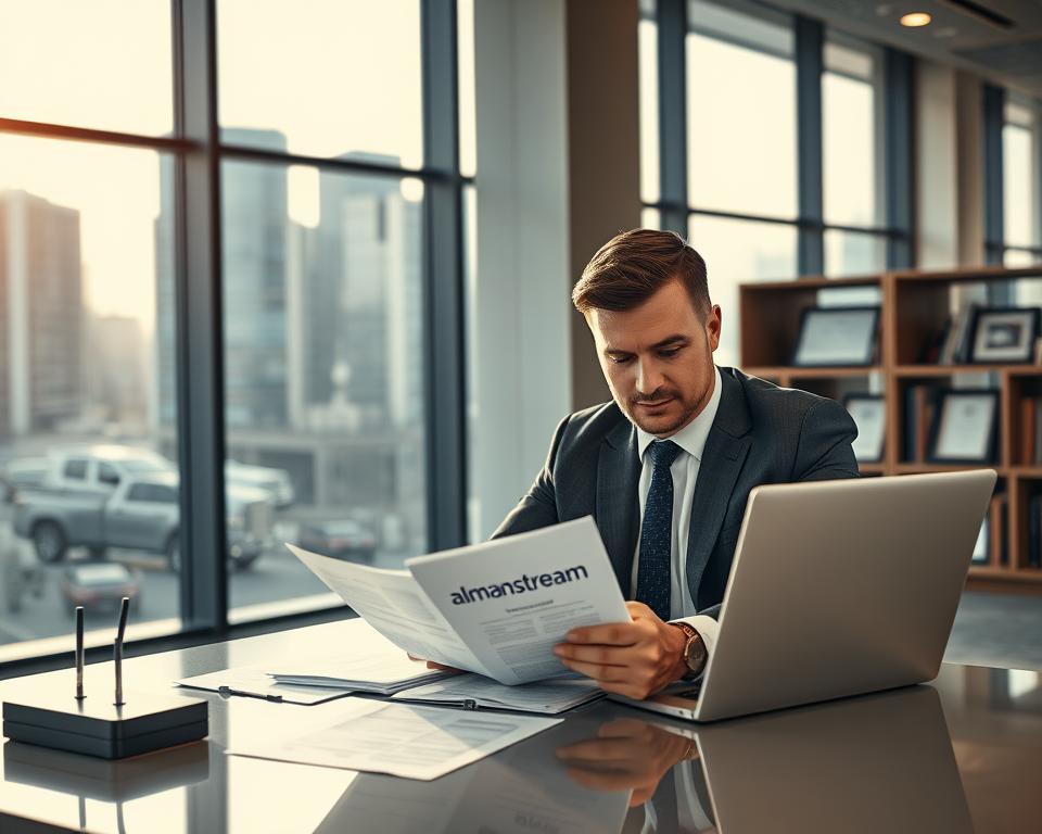A sleek, modern office interior with large windows overlooking a cityscape. In the foreground, a professional-looking businessman sits at a desk, engrossed in legal documents related to IPTV licensing. Subtle branding for "almanstream" is visible on a laptop or tablet. The lighting is warm and natural, creating a sense of focus and productivity. In the background, bookshelves and framed certificates suggest an atmosphere of expertise and authority. The overall scene conveys the seriousness and complexity of navigating IPTV's legal landscape.
