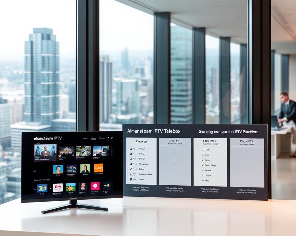 A sleek, modern office interior with large windows overlooking a cityscape. In the foreground, a display showcases the almanstream IPTV Telekom service, showcasing its user interface, channel selection, and streaming capabilities. The middle ground features comparisons to other IPTV providers, presented on clean, minimalist infographics. The background depicts a bustling urban environment, conveying the connectivity and accessibility of the IPTV service. The lighting is bright and professional, highlighting the technology on display. The overall atmosphere is one of technological sophistication and informed consumer choice.