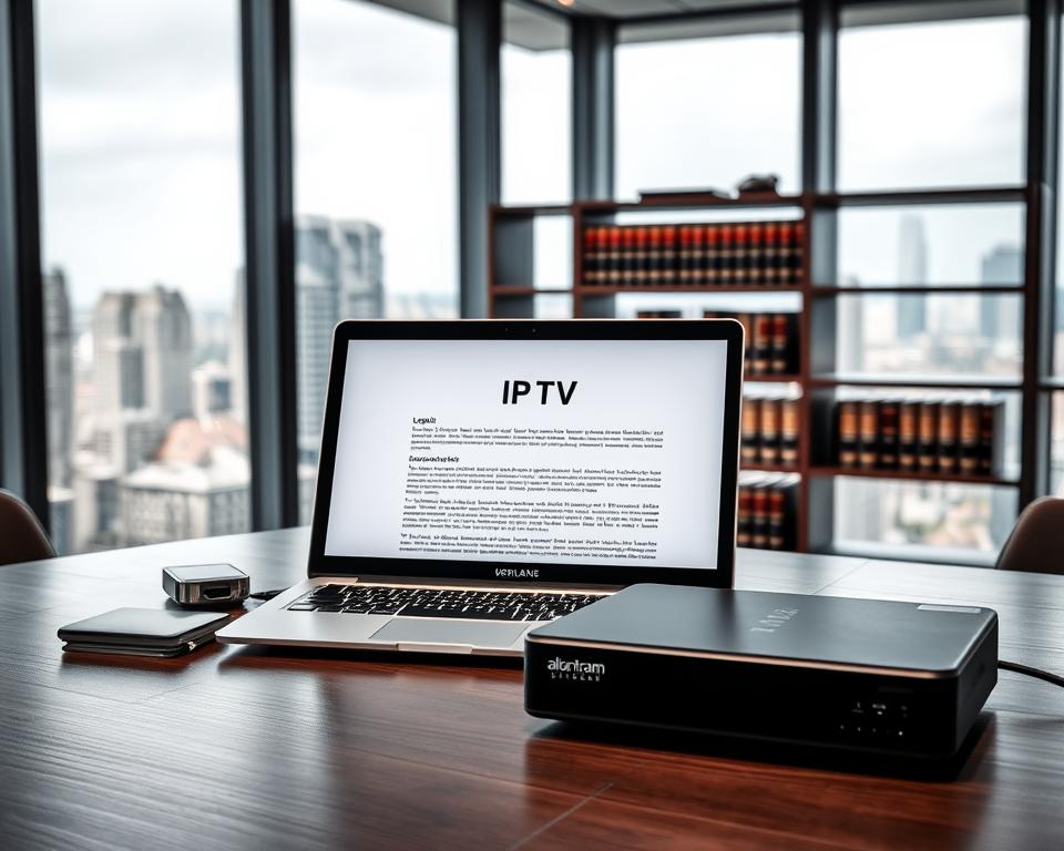 A sleek, modern office interior with large windows overlooking a cityscape. On the desk, a laptop displays legal documents related to IPTV regulations, alongside a branded almanstream device. Shelves in the background hold law books and other legal resources. Soft, directional lighting creates a professional, authoritative atmosphere. The overall scene conveys the legal complexities and compliance challenges surrounding the use of IPTV technology in Germany.