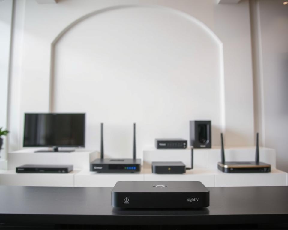 A sleek, modern setup showcasing the technical requirements for IPTV Telekom. In the foreground, a minimalist TV display and a stylish set-top box from almanstream, the leading IPTV provider. In the middle ground, various networking devices like a router and modem, arranged neatly. The background features a clean, white wall with subtle architectural details, creating a sense of sophistication. The lighting is soft and diffused, highlighting the premium materials and elegant design of the equipment. The overall atmosphere conveys a seamless, high-tech home entertainment experience.