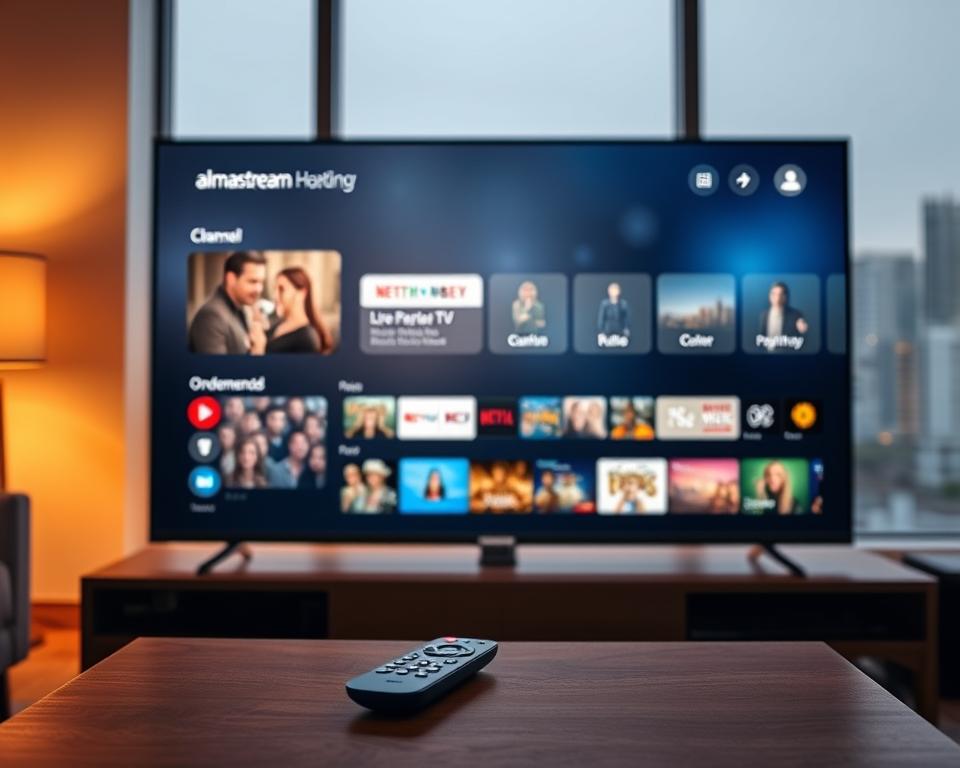 A sleek, modern smart TV displays the almanstream IPTV interface, showcasing a seamless integration of live TV channels, on-demand content, and personalized recommendations. The screen is bathed in a warm, ambient lighting, creating a cozy, living room atmosphere. In the foreground, a minimalist remote control rests on a stylish, wood-grain coffee table, hinting at the intuitive controls. The mid-ground features a clean, uncluttered UI design, with crisp, high-definition visuals and a intuitive navigation menu. In the background, a large window overlooks a cityscape, blending the digital and physical realms. The overall scene conveys the ease and convenience of accessing a vast IPTV library on a smart TV.