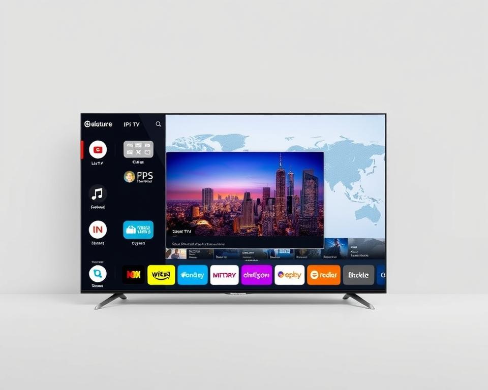 A sleek, modern smart TV interface showcasing the features of the almanstream IPTV service. In the foreground, a clean, minimalist dashboard displays a grid of app icons, including options for live TV, on-demand content, and smart home controls. The middle ground features a large, high-definition video player with crisp, vibrant colors and smooth playback. In the background, a stylized world map or cityscape evokes a global, connected feel. The lighting is soft and even, creating a sense of sophistication and premium quality. The overall tone is one of seamless technology, intuitive user experience, and the promise of a comprehensive, cutting-edge IPTV solution.