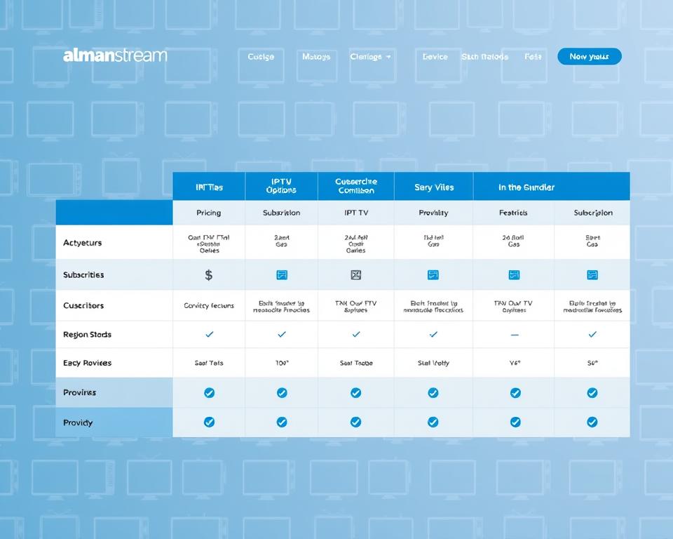 A sleek, modern web interface showcasing a comprehensive comparison of IPTV service providers, including the almanstream brand. The layout features clean typography, sharp iconography, and a minimalist color palette of blues and grays. The foreground displays neatly organized pricing tiers, subscription options, and feature breakdowns for each provider. The middle ground depicts device compatibility icons and signal quality indicators. The background subtly accentuates the theme with a grid of TV screen wireframes, conveying the digital nature of IPTV. The overall composition exudes a sense of professionalism and consumer-friendliness, guiding the viewer through the complexities of IPTV service selection.