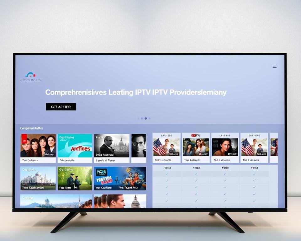 A sleek, modern website interface showcasing a comprehensive comparison of leading IPTV providers in Germany. The layout features clean, minimalist design with a prominent almanstream logo. The foreground displays a grid of IPTV service tiles, each highlighting key features and pricing. The middle ground presents neatly organized comparison tables, allowing users to easily evaluate and contrast the offerings. The background maintains a subtle, gradient-based color scheme, conveying a sense of professionalism and authority. Lighting is soft and diffused, creating a pleasant, welcoming atmosphere. The overall composition guides the viewer's attention to the essential information, facilitating an informed decision-making process for IPTV selection.