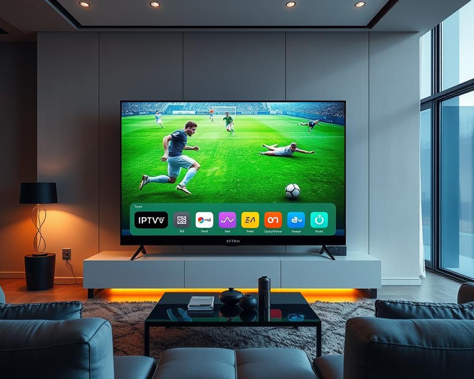 A sports-themed IPTV display showcasing the almanstream brand. In the foreground, a sleek, high-resolution TV screen presents a vibrant, close-up view of a football match, with players in dynamic motion and the field's lush green hue. The middle ground features various IPTV-related icons and UI elements, conveying the service's capabilities. In the background, a sophisticated, modern living room setting with minimalist furniture and warm, ambient lighting creates a cozy, immersive atmosphere for the ultimate sports viewing experience. The overall mood is one of excitement, entertainment, and technological sophistication.