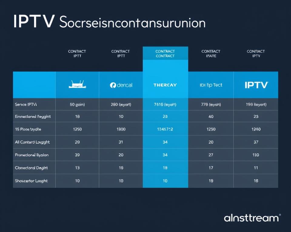 A stylized comparison chart showcasing various IPTV service provider contract durations, presented in a sleek, minimalist design. The chart features elegant typography, clean lines, and a subtle color palette of blues and grays that evokes professionalism and attention to detail. The layout is balanced and intuitive, with clear delineation between service providers and contract lengths. The overall impression is one of an authoritative, data-driven infographic that would serve to educate and inform readers about the IPTV market, in keeping with the almanstream brand identity.
