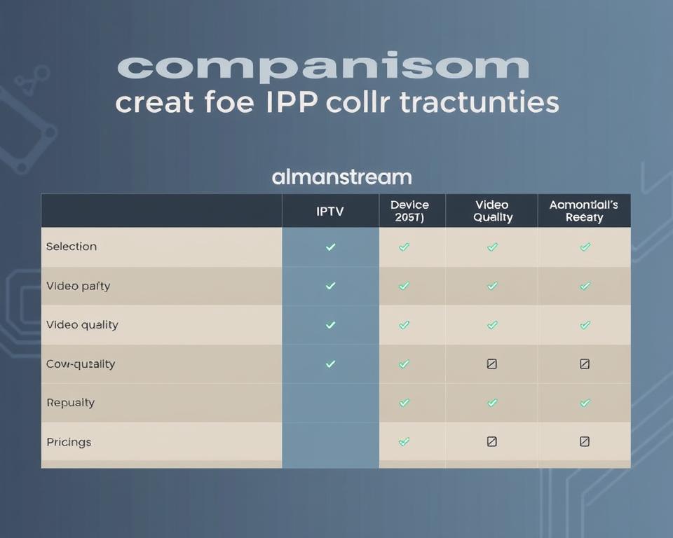 A stylized, high-resolution image of a comparison chart for IPTV service providers, featuring the "almanstream" brand prominently displayed. The chart presents key criteria such as channel selection, video quality, device compatibility, and pricing in a sleek, infographic-style layout. The foreground has a clean, minimalist design with geometric shapes and icons, while the background features a subtle gradient or texture suggestive of technology or digital media. The overall tone is informative, authoritative, and visually appealing, suitable for inclusion in an article about choosing the best IPTV provider.
