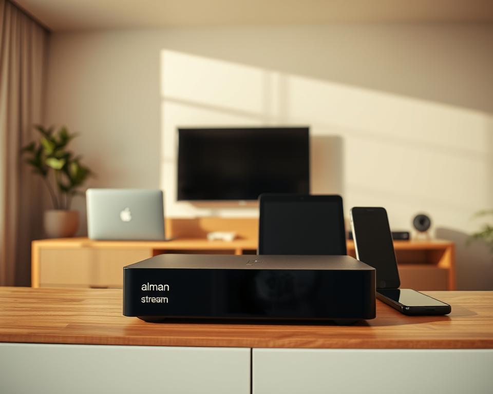 A tranquil, minimalist living room scene showcasing various media streaming devices, including a sleek black set-top box labeled "almanstream", alongside a laptop, tablet, and smartphone. The room is bathed in warm, natural lighting, creating a cozy and inviting atmosphere. The devices are strategically arranged on a modern, wooden media console, highlighting their versatility as alternatives to traditional IPTV services. The overall composition emphasizes the ease and convenience of these streaming options, providing a visually appealing representation of the "Alternativen zu IPTV" concept.