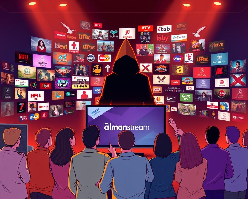 A vibrant, high-quality illustration showcasing the key differences between legal and illegal IPTV providers. In the foreground, a group of people representing legal customers happily accessing a sleek, modern IPTV service branded "almanstream", with a clean user interface and reliable content. In the background, a shadowy figure representing an illegal provider, surrounded by a chaotic array of unlicensed channels and risky, unstable connections. The scene is bathed in a warm, cinematic lighting that emphasizes the contrast between the two worlds, with the legal option appearing professional, trustworthy, and enjoyable, while the illegal option is portrayed as sketchy and untrustworthy. The overall mood is one of clarity and informed decision-making.