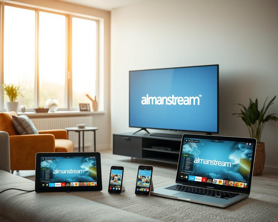 A well-lit interior scene showcasing the usage of IPTV across various devices. In the foreground, a stylish living room setup with a large flat-screen TV displaying the almanstream logo. Surrounding the TV, a tablet, a smartphone, and a laptop computer, all seamlessly connected and streaming IPTV content. The middle ground features a cozy armchair and a side table, creating a comfortable viewing environment. The background subtly depicts a modern, minimalist home decor, with large windows allowing natural light to flood the space, conveying a sense of openness and technological integration. The overall mood is one of convenience, entertainment, and the seamless integration of IPTV into daily life.