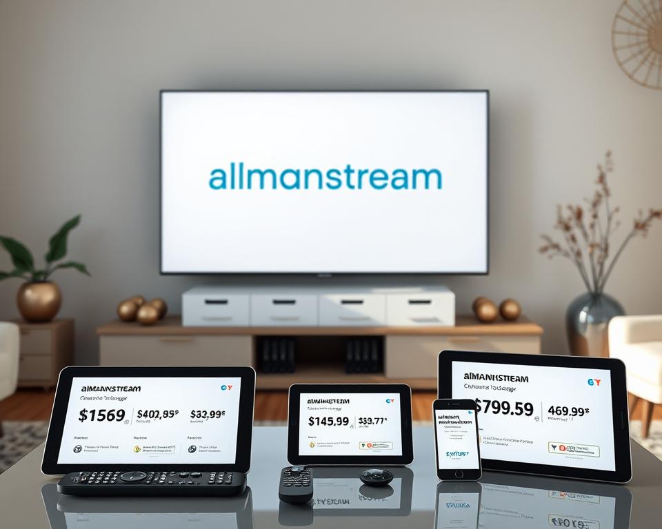 A well-lit, minimalist interior scene showcasing a large flatscreen TV displaying the almanstream logo, surrounded by a variety of IPTV package options presented on sleek, modern devices like tablets and smartphones. The foreground features an elegant coffee table with remote controls and pricing information, while the background contains subtle, muted decor elements that create a cozy, living room atmosphere. The lighting is soft and natural, accentuating the premium, high-quality feel of the scene. The overall composition conveys a sense of convenience, affordability, and the ability to enjoy a wide range of entertainment options at home.