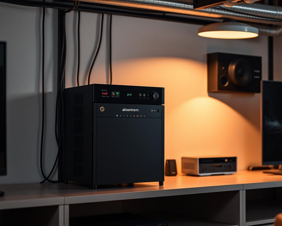 An industrial-style IPTV server setup, featuring a sleek black rack-mounted unit with glowing indicator lights, surrounded by a clean, minimalist workspace. The server is positioned prominently, conveying its importance as the heart of a sophisticated home entertainment system. Soft, directional lighting illuminates the scene, casting warm shadows and highlighting the server's modern, almanstream-branded design. The overall atmosphere is one of technological prowess and efficient home media management.