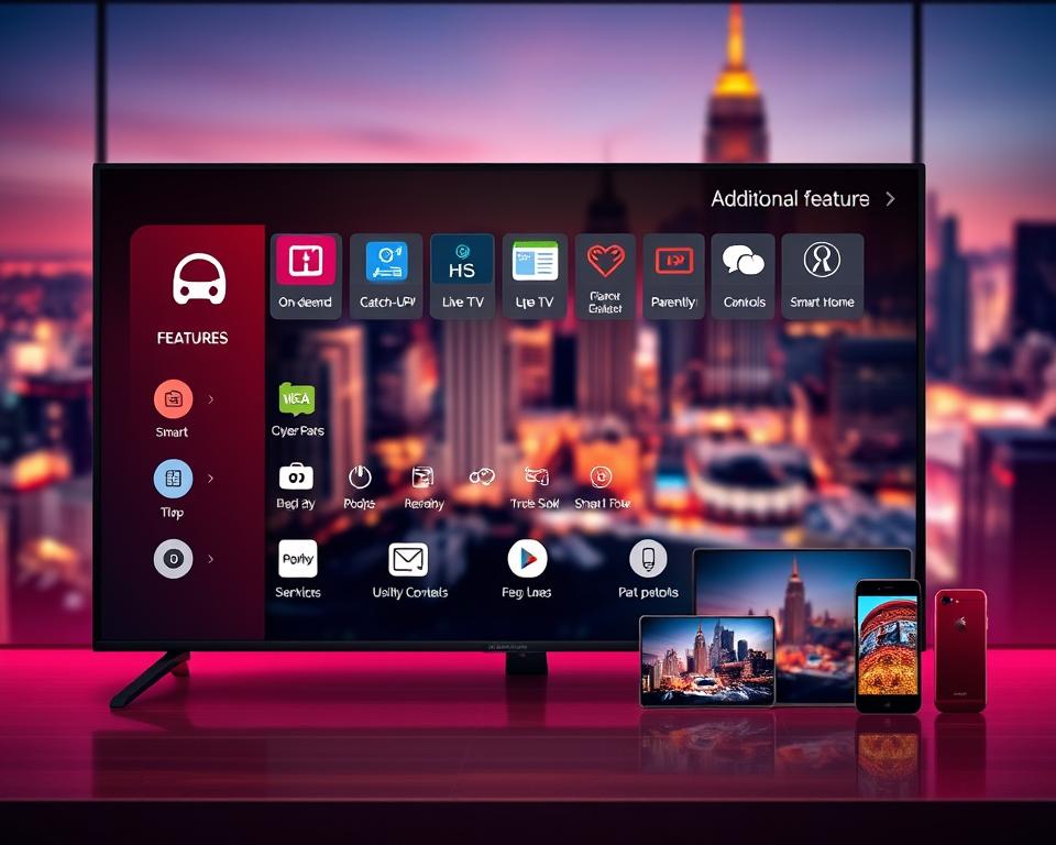 a detailed and visually striking image of a modern IPTV interface showcasing the various additional features and functionalities offered by the almanstream IPTV service. The foreground depicts a sleek and intuitive user interface with icons and menus highlighting features like on-demand content, catch-up TV, live channels, parental controls, and smart home integration. The middle ground showcases a variety of device types, from smart TVs to mobile phones, showcasing the cross-platform availability of the almanstream service. The background features a softly blurred cityscape, conveying a sense of connectivity and the versatility of the IPTV platform. The overall scene is bathed in a warm, vibrant color palette, creating a visually appealing and inviting atmosphere.