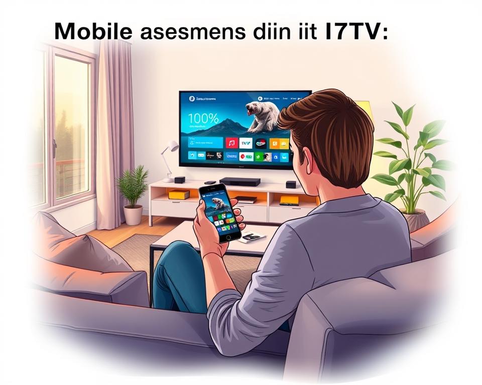 a detailed digital illustration of a person using a mobile device to access the almanstream IPTV service provided by Telekom. The scene depicts a modern living room setting with a couch, coffee table, and a large flat-screen TV on the wall. The person is sitting comfortably on the couch, holding a smartphone in their hands and intently focused on the screen, showcasing the seamless mobile integration of the almanstream IPTV platform. The room is illuminated by a combination of warm, natural lighting from a nearby window and subtle ambient lighting, creating a cozy and inviting atmosphere. The overall composition emphasizes the convenience and flexibility of accessing Telekom's IPTV service on the go, complementing the section title "Mobile Nutzung von IPTV Telekom".