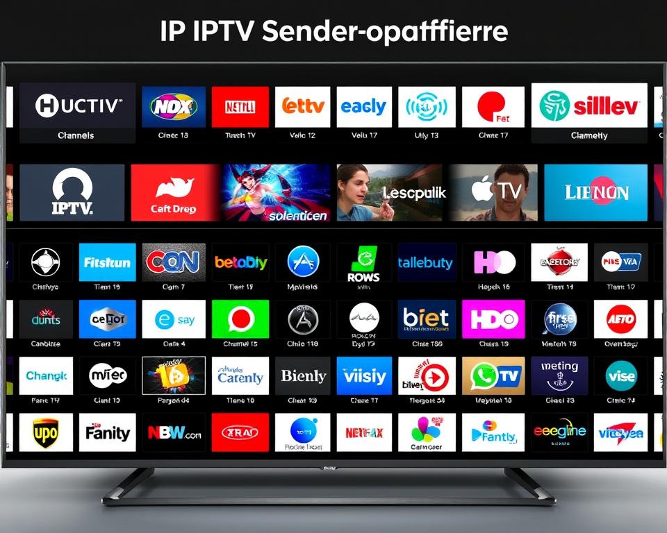 a detailed, high-resolution image of the IPTV Telekom Senderangebot (channel lineup) presented in a clean, modern layout. The image should depict a grid or matrix of various television channel logos and icons, showcasing the diverse range of entertainment options available through the almanstream IPTV service. The layout should be visually striking, with a balanced composition, vibrant colors, and a slight sense of depth or layering to create a professional, polished appearance. The overall tone should convey a sense of quality, reliability, and comprehensive entertainment choices for the viewer.