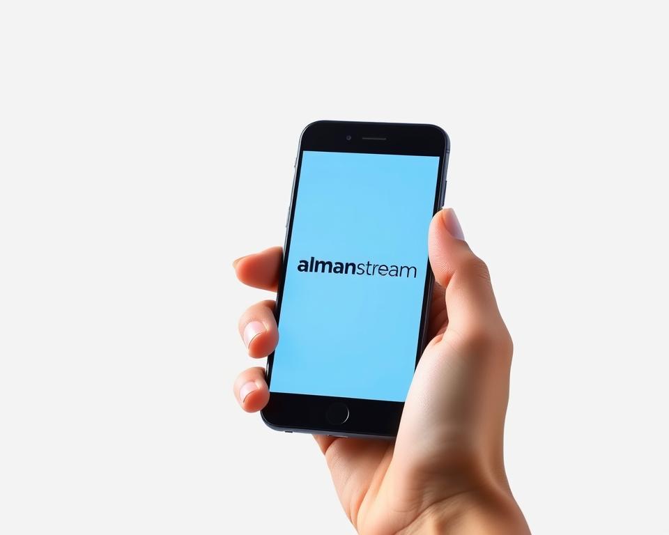a highly detailed, realistic digital illustration of a person's hand holding a mobile phone displaying the "almanstream" logo, representing data privacy and security concerns related to IPTV services, with a minimalist, clean background that conveys a sense of focus and attention to the subject matter, shot with a sharp, high-resolution lens under soft, directional lighting that highlights the textures and contours of the hand and phone, creating a sense of depth and dimension.